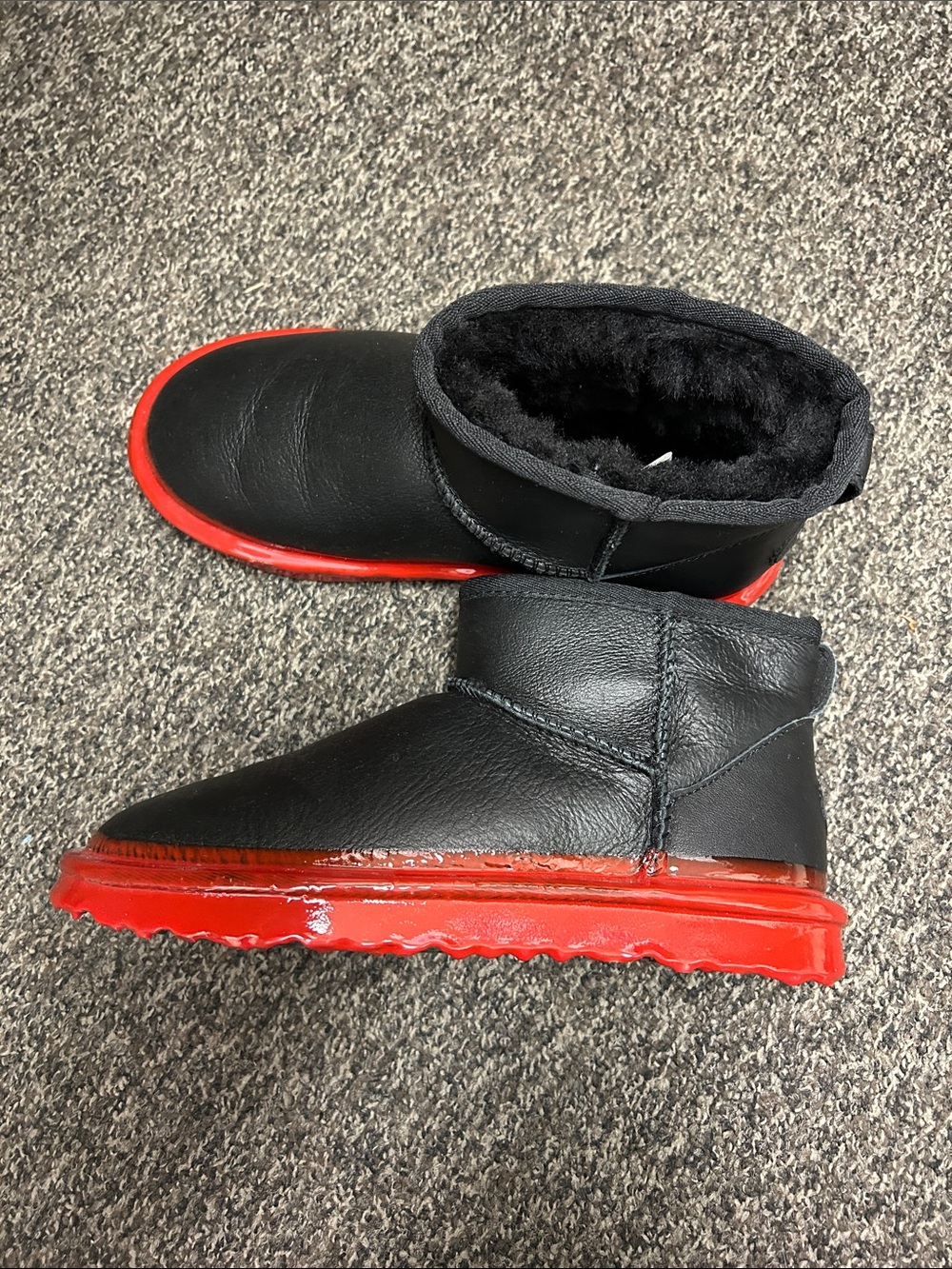 Emu Black Leather Ankle Booties with Red Sole